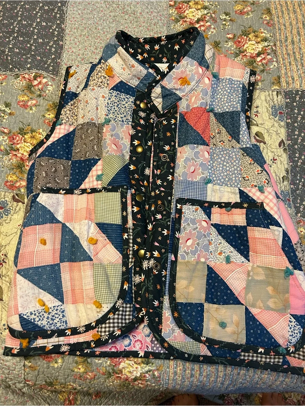 NWT Patchwork Quilted Vest in Blue & Pink